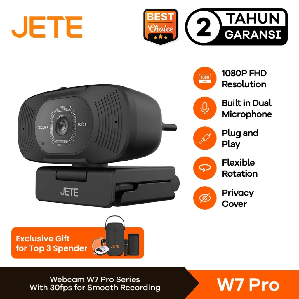 Webcam 1080p Full HD JETE W7 Pro Flexible Rotation with Dual Mic - Garansi 2 Tahun