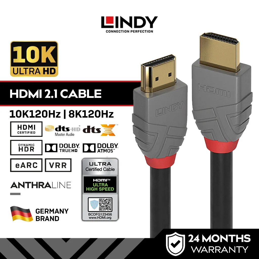 Kabel HDMI 2.1 LINDY 1m 2m 10K 8K 120Hz HDR Ultra High Speed Cable 48Gbps PS4/PS5 EARC Certified 36952 36953