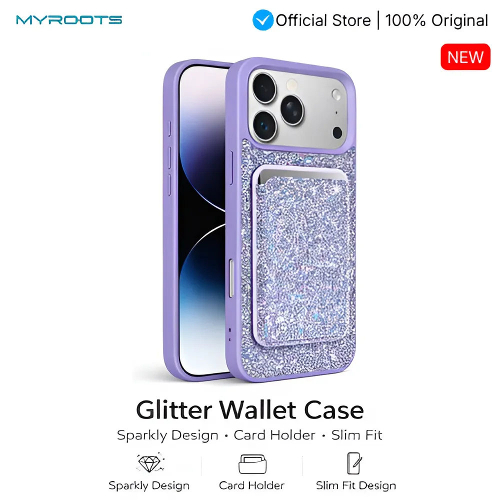 Myroots Sparkle Pocket Glitter Case Untuk iPhone 17 16 15 Pro Max Air Series Casing Magsafe Luxury with Card Holder Slot