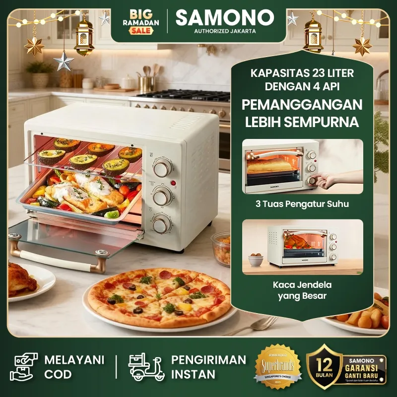 SAMONO Oven Listrik Low Watt 23 Liter 2 Panas Api Atas Bawah Oven Estetik Bikin Brownies Cookies Baking Oven Timer Pengontrol Suhu Panas dan Waktu Kaca Transparan Anti Pecah Tahan Panas Garansi 1 Tahun Samono Official SW-EOG23