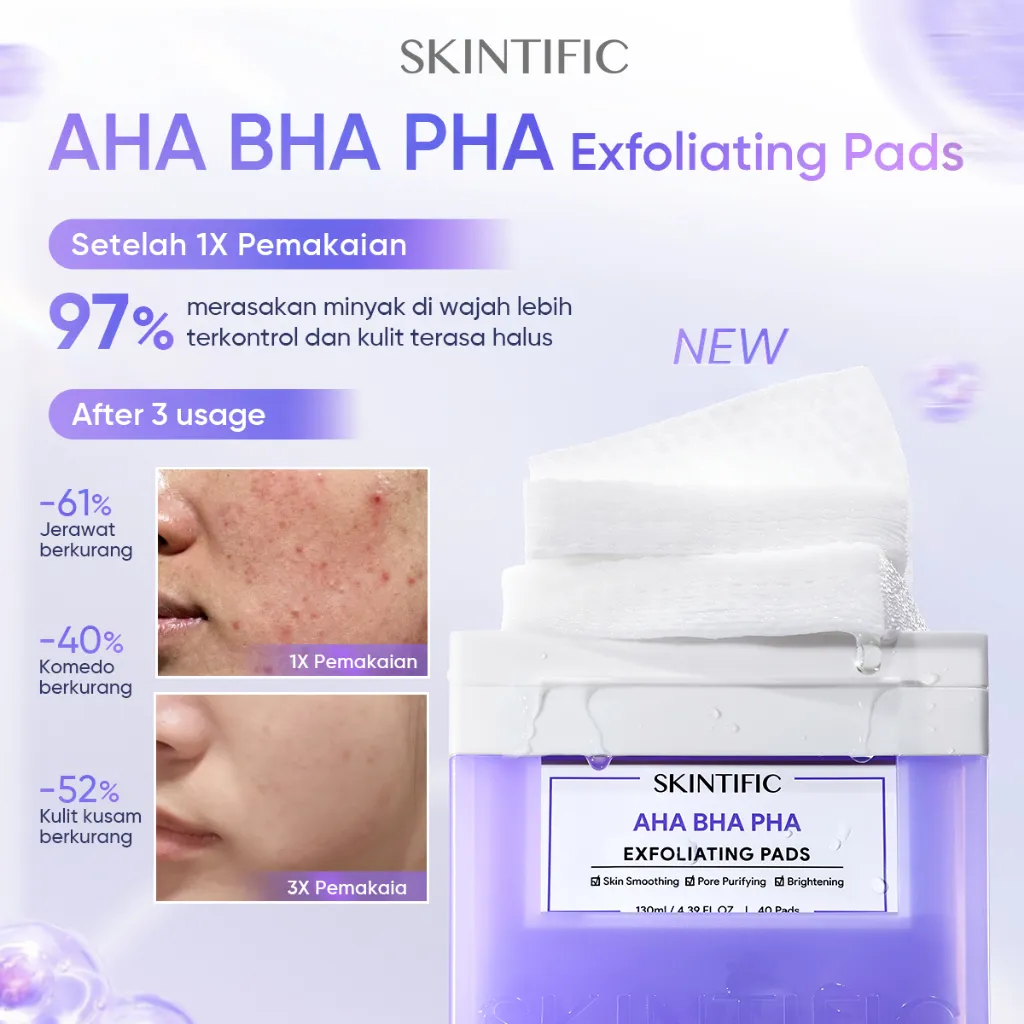 SKINTIFIC - EXFOLIATING PADS | AHA BHA PHA Toner Pads Exfoliasi Wajah Pori-pori Smooth Peeling Pencabut Komedo | Niacinamide Whitening Brighting Fade Dark Spots Acne Scars Clear 130ml