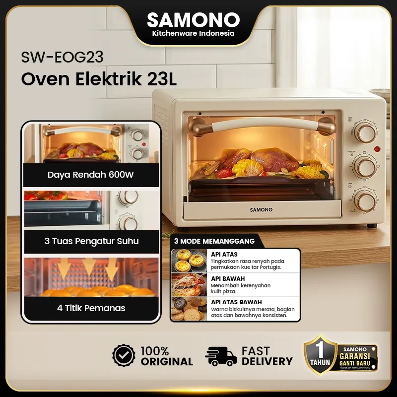 SAMONO Oven Listrik Low Watt 23L SW-EOG23 3 Knob Kontrol 600 Watt, 3 Mode Panggang, Pemanas Atas-Bawah, Kaca Anti Panas, Timer 60 Menit, Kapasitas Besar