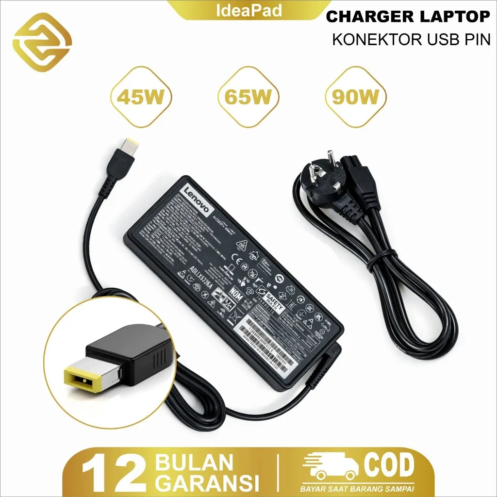 Zph Charger Laptop ThinkPad Ideapad Yoga Slim  20V 45W/65W/90W USB Kuning Jarum Free Kabel Power