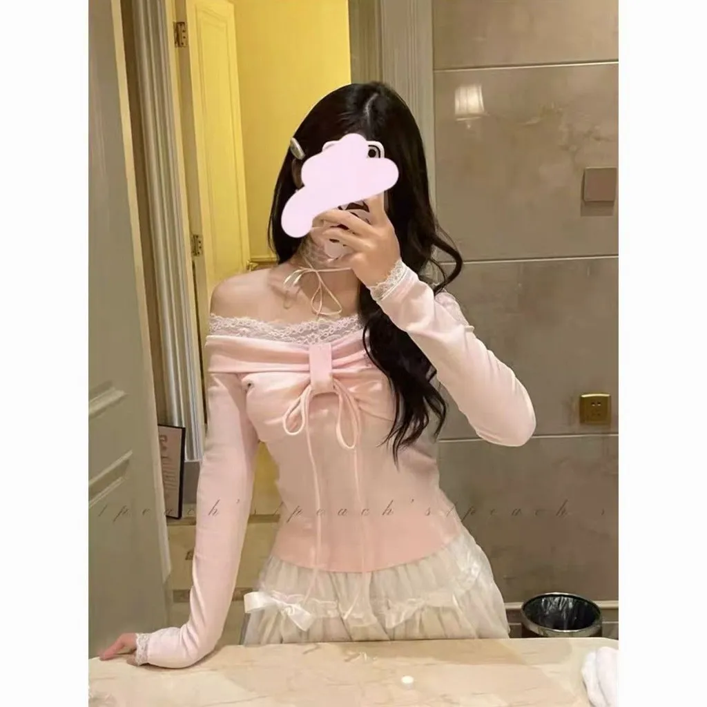 [COD~ready]JelitaCeria Gadis keinginan murni!!! Renda renda busur satu kata bahu lengan panjang T-shirt wanita musim semi dan musim gugur pink slim-fit atasan bawah