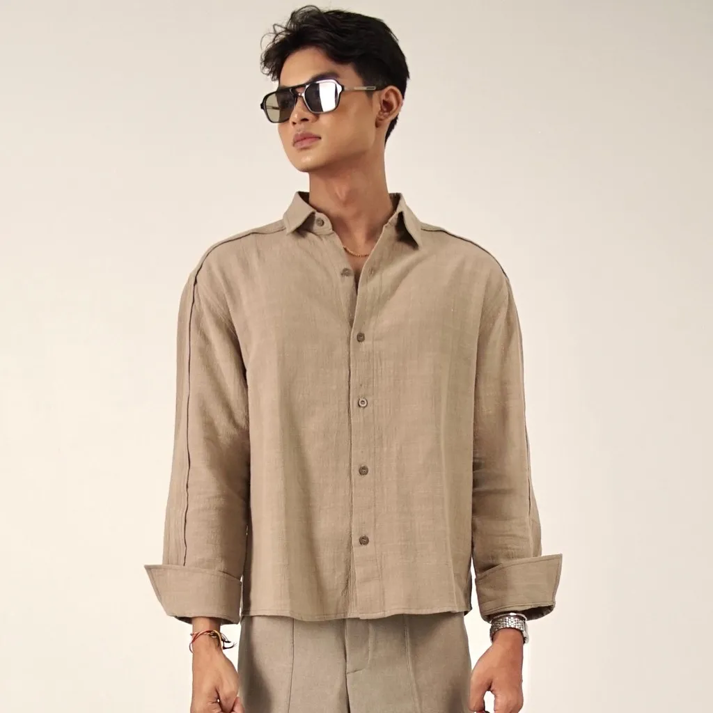 HANEUM - Kemeja Linen Pattaya - Kemeja Linen BOXY Basic Pria - Kemeja Semi Pantai HANEUM XCLUSIV