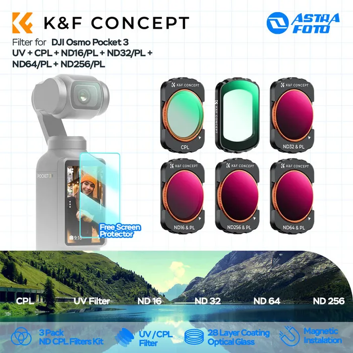 K&F Concept Filter UV + CPL + ND16/PL + ND32/PL + ND64/PL + ND256/PL For DJI Osmo Pocket 3 KNF Concept 6-Pack Filters