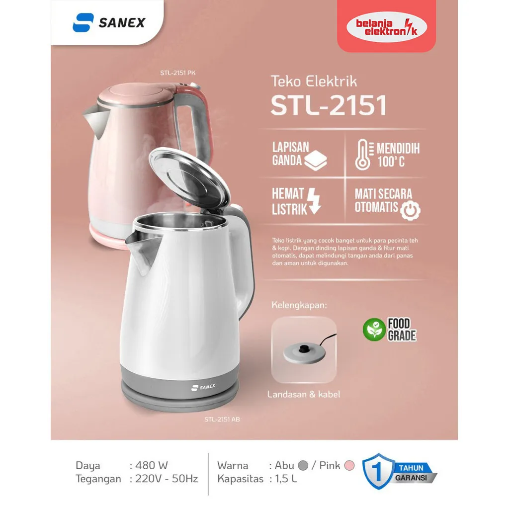 SANEX KETTLE TEKO LISTRIK PEMANAS AIR 1.5 LITER STL-2151