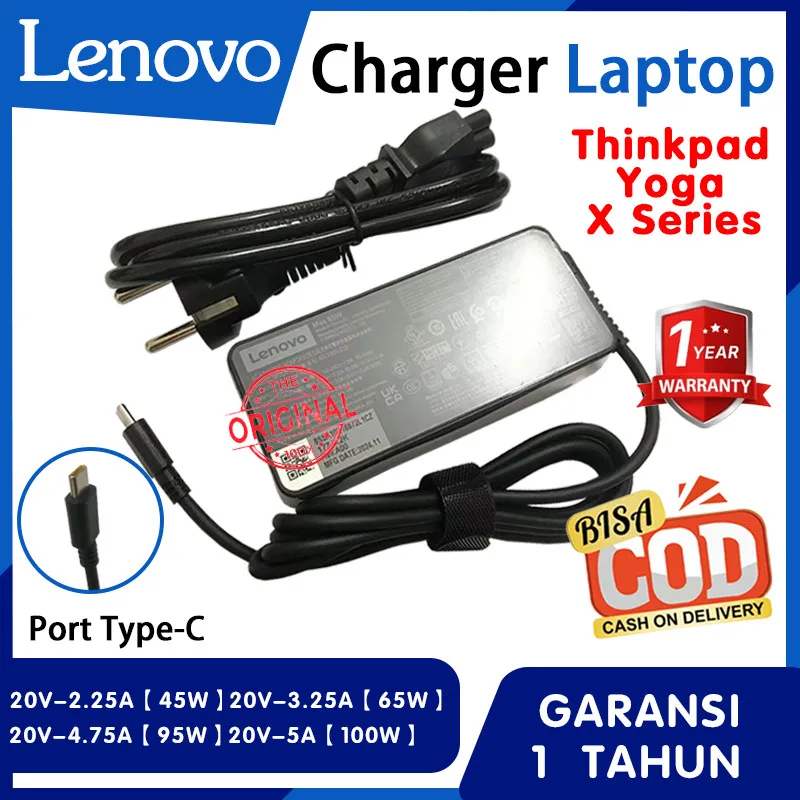 Charger Lenovo Type C 45W 65W 95W 100W Original - Compatible untuk ThinkPad Series X Y Z B E G S, Yoga, X1 Carbon, Fast Charging