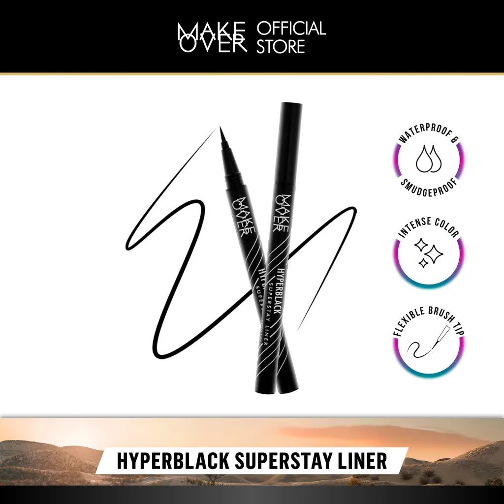 MAKE OVER Hyperblack Superstay Liner - Eyeliner BEST SELLER Hitam Pigmented Waterproof Smudgeproof Tahan Seharian Tidak Luntur untuk Daily Pesta Part Wing Liner
