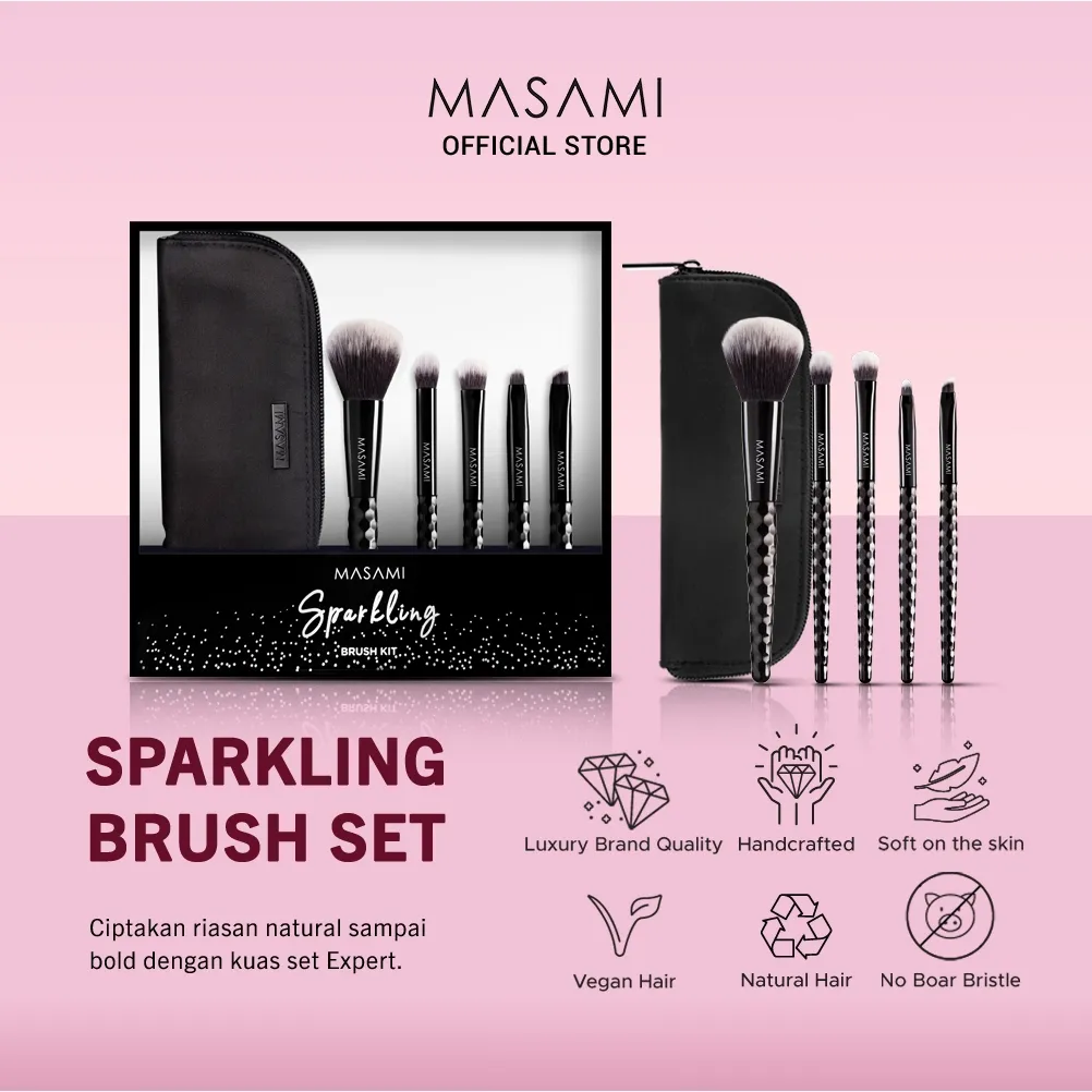 Masami Sparkling Brush Set (5pcs + Pouch) | Kuas Make Up Set + Pouch Travel Kosmetik Kualitas Brush Lembut Premium Multifungsi Profesional MUA untuk Bedak Foundation Concealer Blush Eyeshadow