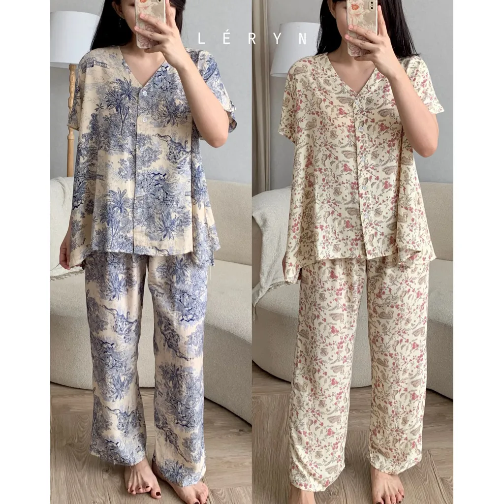 Leryn - One Set Piyama V Neck Stelan Baju Tidur Wanita Rayon Celana Panjang Pajamas Busui Friendly Piyama Lengan Pendek