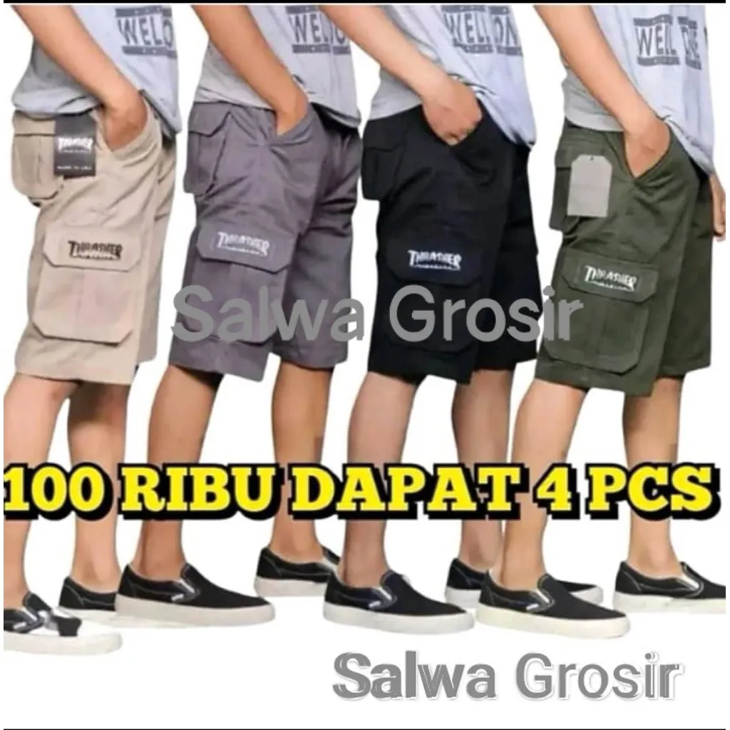 TERMURAH SUPER JUMBO 100 RIBU Dapat 4 Pcs Celana Cargo Pendek Cowok Dewasa Terbaru Warna Lengkap Hitam - Cream - Army - Mocca - Abu² TERLARIS M L XL XXL JUMBO