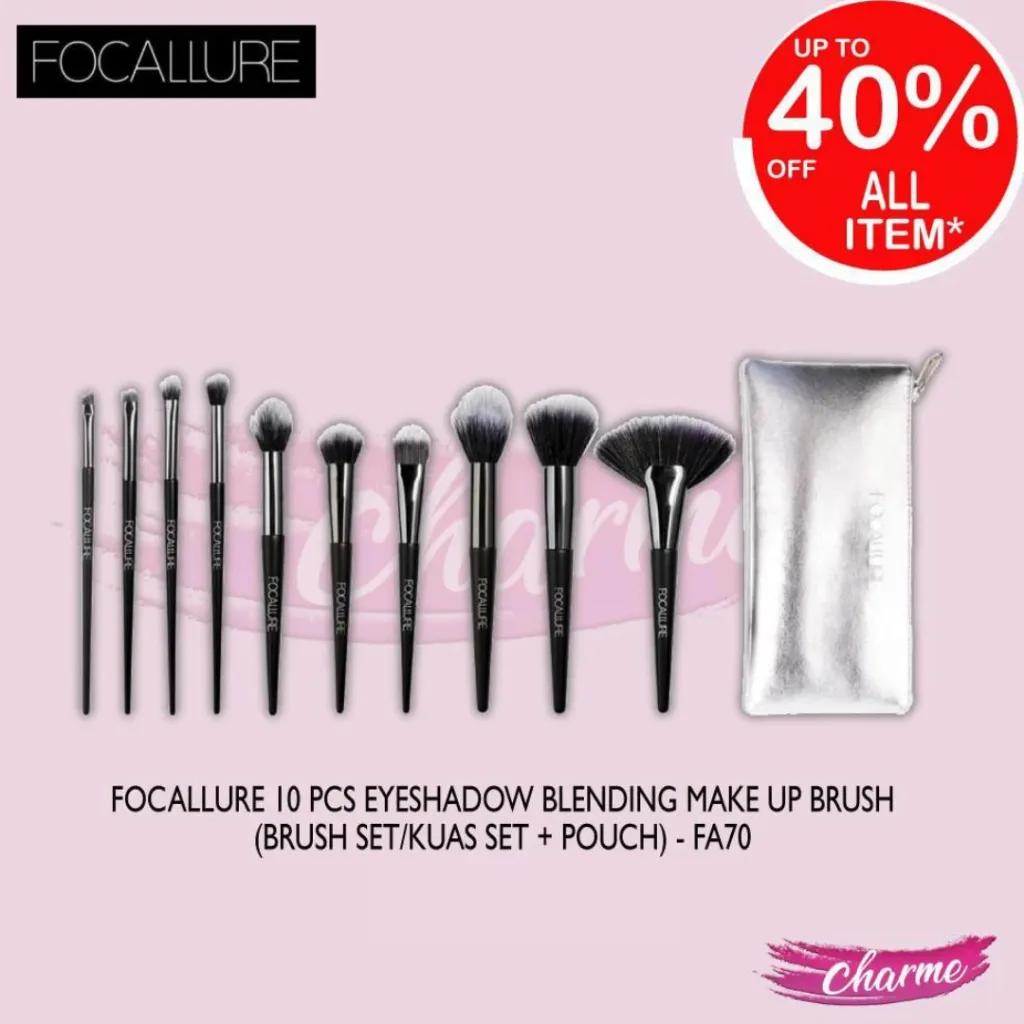 (READY&ORI) Focallure Brush 10 pcs Eyeshadow 10pc Blending Make Up Brush Set/kuas kit Pouch lembut sintetis FA70 FA 70 Kuas Blending