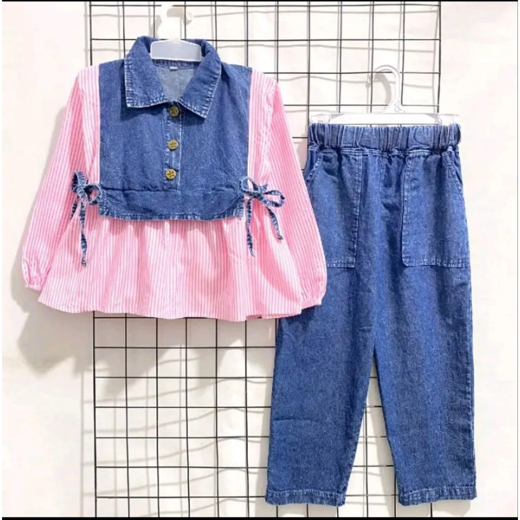 Setelan Jeans Anak Aruna I  Atasan Kemeja Motif Salur 2-11 Tahun I Oneset Jeans Anak Kekinian Fashion Anak