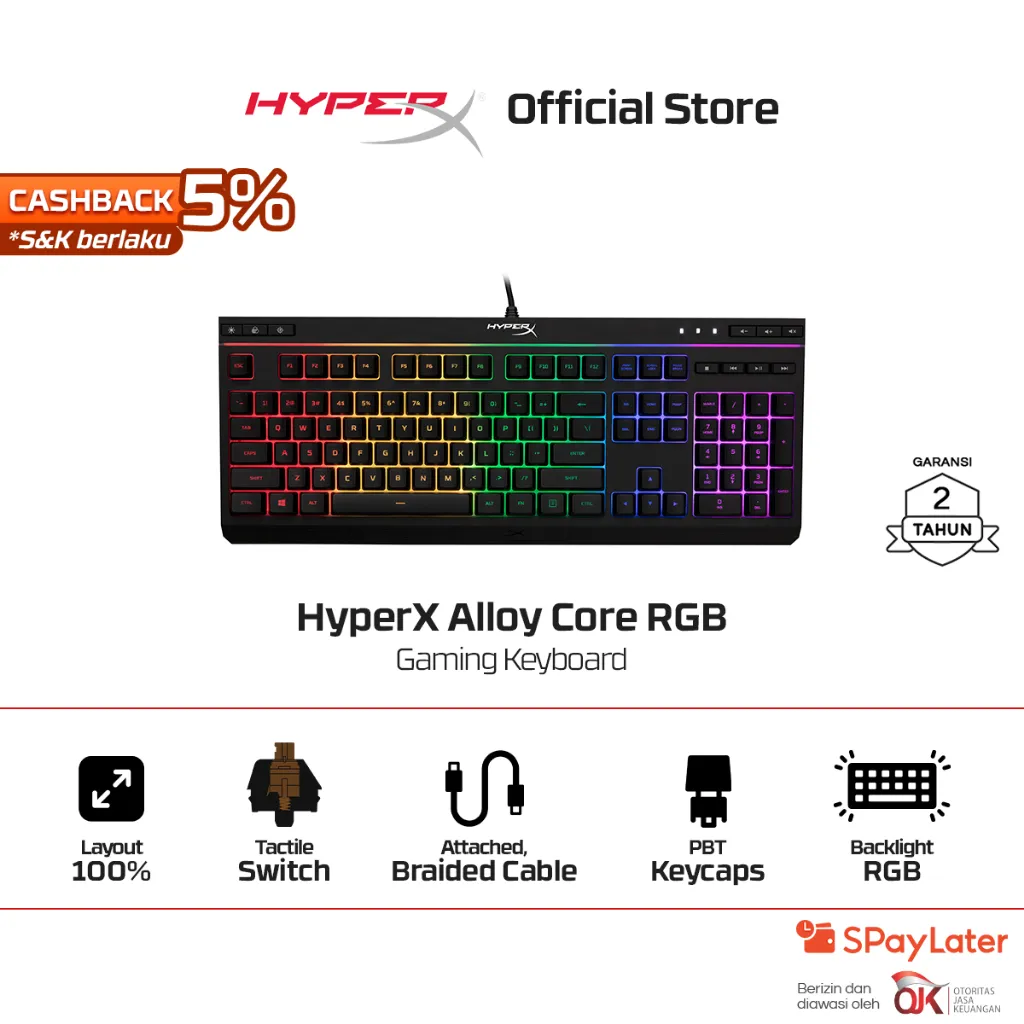 HyperX Keyboard Gaming Alloy Core 100% Wired Tactile​ Membrane Switch RGB LED Full Size Free Keycap Puller Promo Cicilan Ringan Non Wireless Non Hotswap