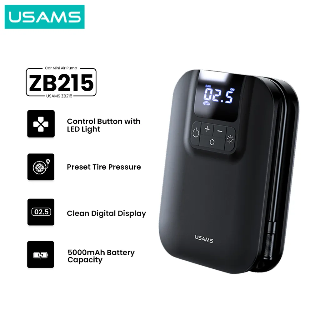 USAMS ZB215 Pompa Angin Ban Mobil Elektrik 5000mAh Mini Car Air Infatable Pump Portable