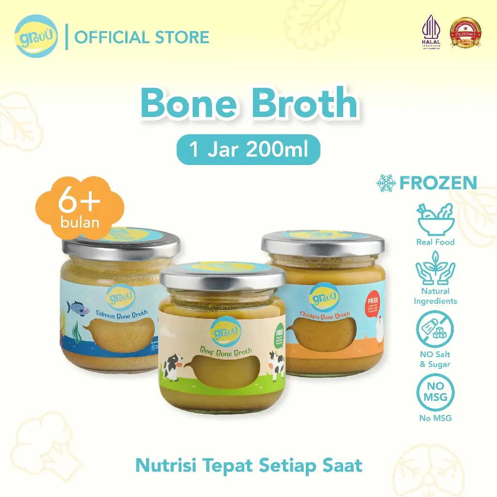 Grouu - Kaldu Tulang / Bone Broth MPASI - BB Booster Bayi Anak (Kaldu Tulang Ayam, Sapi, Salmon | Chicken Bone Broth, Beef Bone Broth, Salmon Bone Broth) - Alami / Fresh Made / No MSG / Tanpa Pengawet