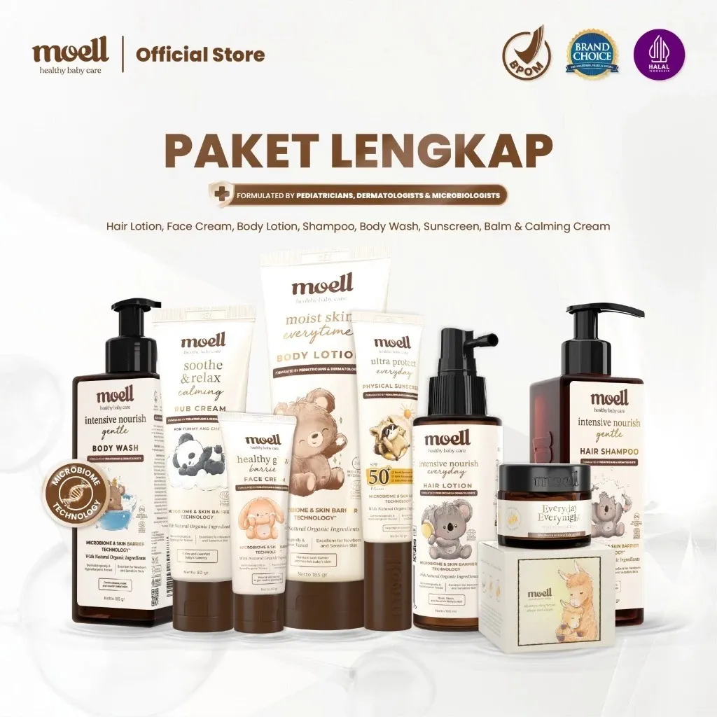 Moell - Complete Package  | Face Cream | Sunscreen | Body Lotion | Shampoo | Body Wash | Hair Lotion | Balm | Calming | Diformulasikan Oleh Dokter Kulit Bayi & Anak