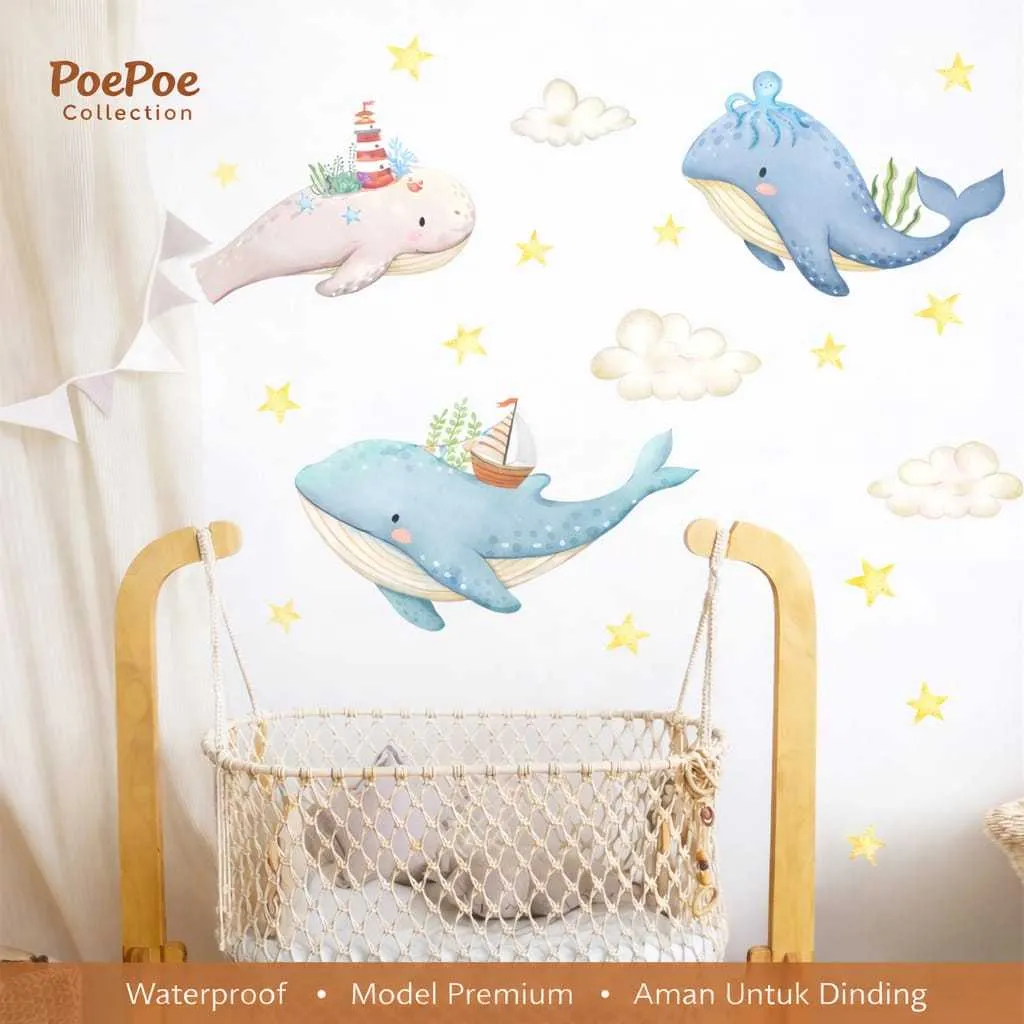 Stiker Dinding Kamar Anak Whale Ikan Watercolor Dekorasi Tembok Star Fish Aesthetic Lucu