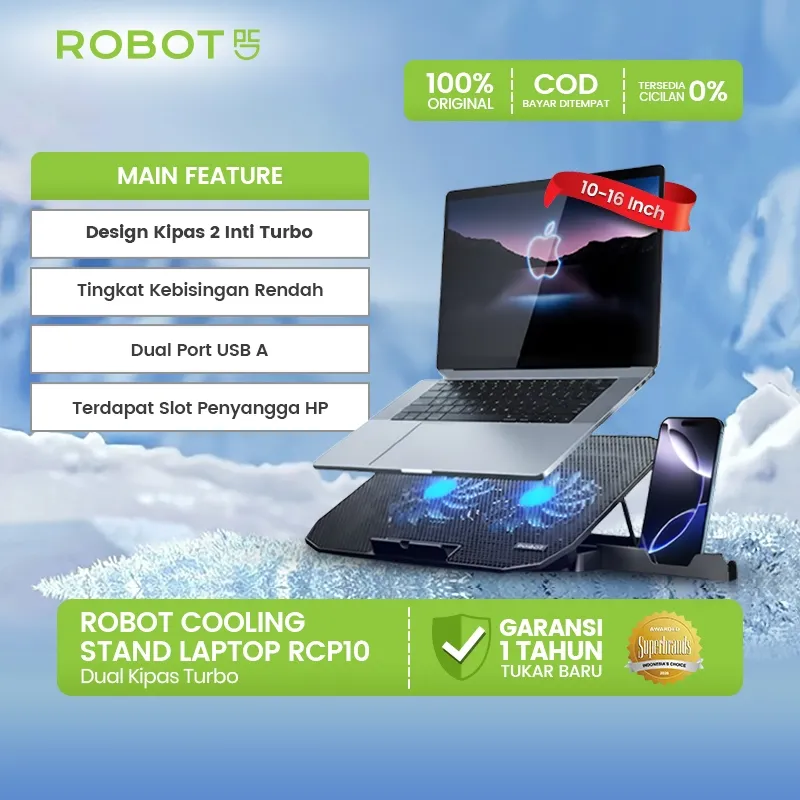 ROBOT Laptop Cooling Pad Alas Laptop Meja Pendingin Laptop 10-16 inch Kipas 2 Inti Level Fan Speed With Phone Holder Silent Fan Kipas Laptop Original - RCP10