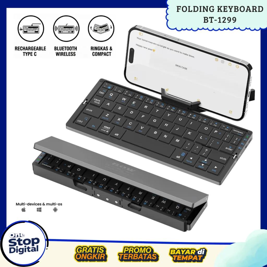 B.O.W BT-1299 Keyboard Wireless – Portabel & Ringkas, Rechargeable Type C Bisa Semua Device