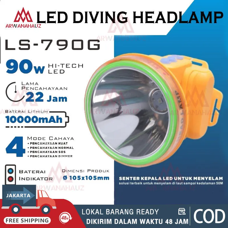 Senter Kepala Selam Kawachi 90w 90 Watt Hi Tech LED Super Terang LS-790G Waterproof Lithium Cas Recas Rechargeable Isi Ulang Tahan Lama 22 Jam 10000 mAh Outdoor Headlight Diving Flash Light Selam Nyelam