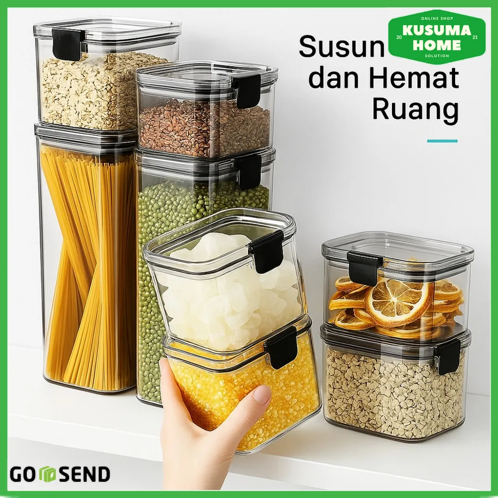 Toples Plastik Kedap Udara untuk Bumbu Makanan Kering Serbaguna Bisa Ditumpuk Food Container Dapur Organizer PET Aman