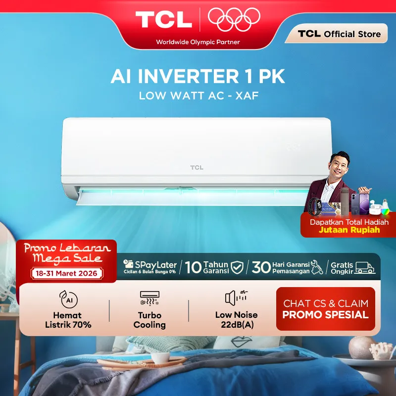 TCL AC Inverter 1PK - Tersedia Pemasangan - AI Tech Hemat Listrik 70% - Anti Bising - Cepat Dingin - Turbo Cooling - Low Watt - Mini Full Set Baru - 1/2 0.5 PK (Model: TAC-09CSD/XAFI)