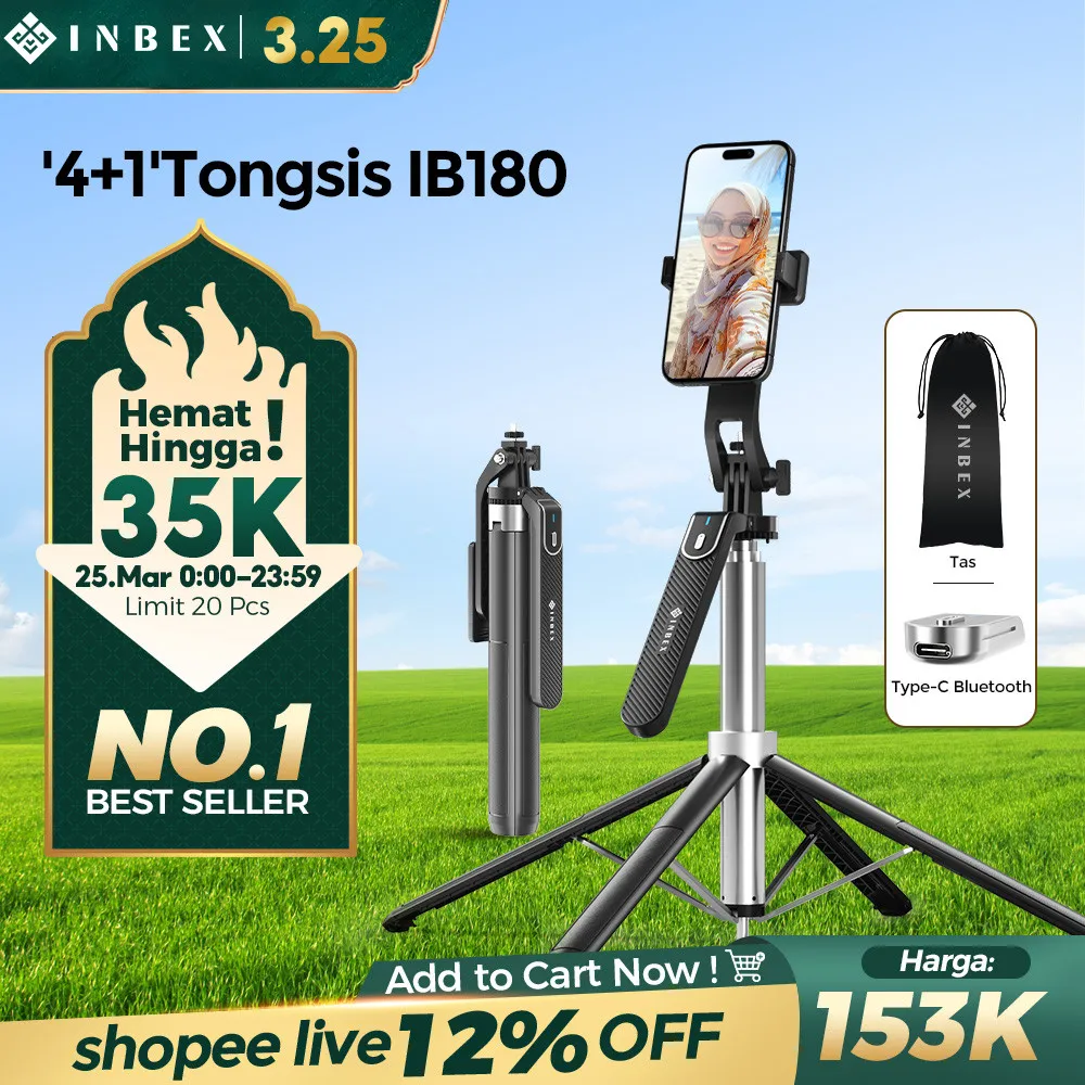 INBEX IB180 '4+1' Tongsis Tripod Bluetooth Quadpod 1.8m tripod konten kreator handphone portable Fill light Selfie Stick Bluetooth Tongsis
