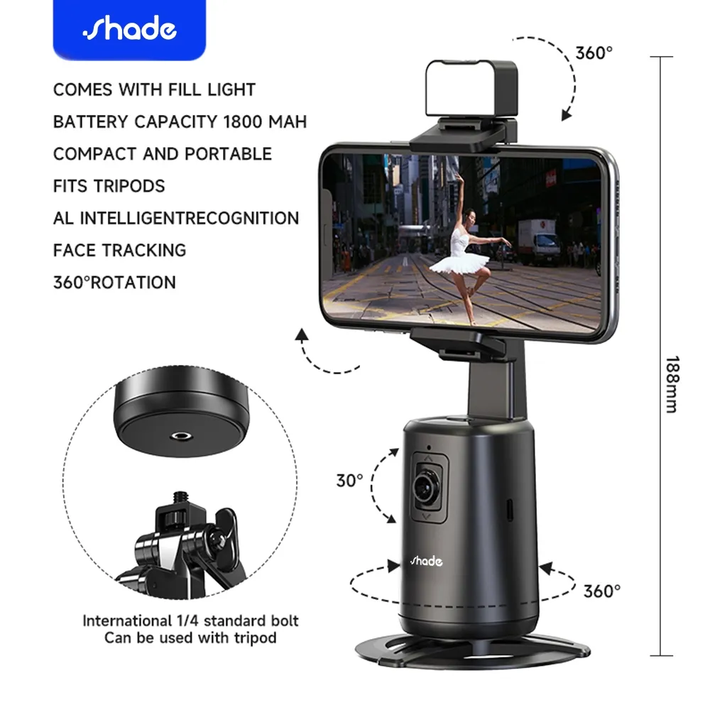 Shade A200 Auto Face Tracking Gimbal Handphone Stabilizer 360° With Lampu Led