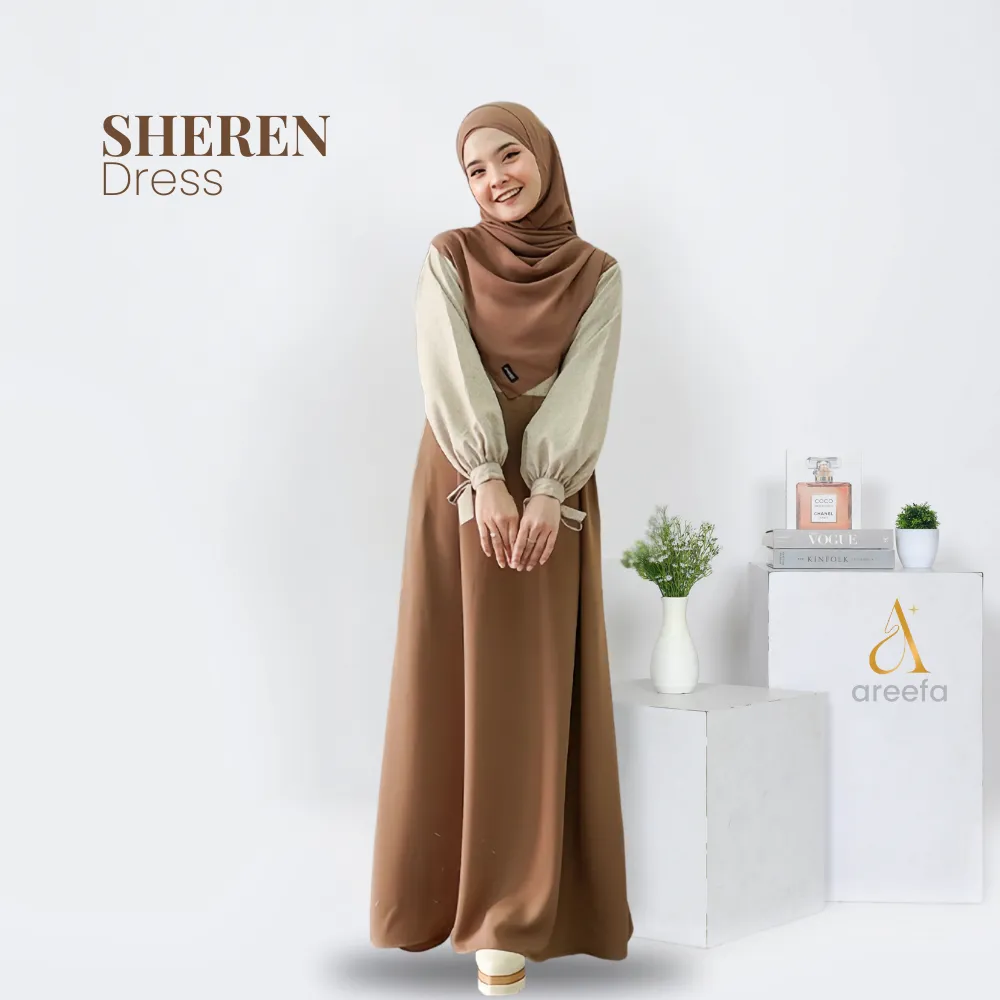 Areefa - Gamis Wanita Remaja SHEREN Dress Overall Look Bahan Edelyn Kombinasi Madina Polos 2 Warna