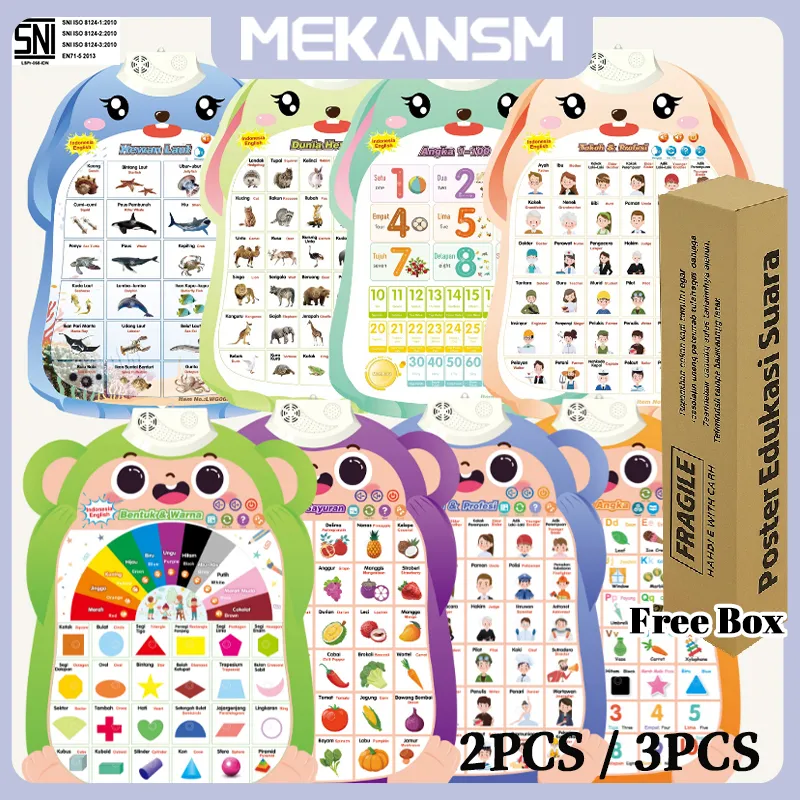 MEKANSM 3PCS Kombinasi Poster Edukasi Suara Anak Belajar Bahasa Indonesia  / Poster Dinding Suara / Mainan Edukasi Poster Anak