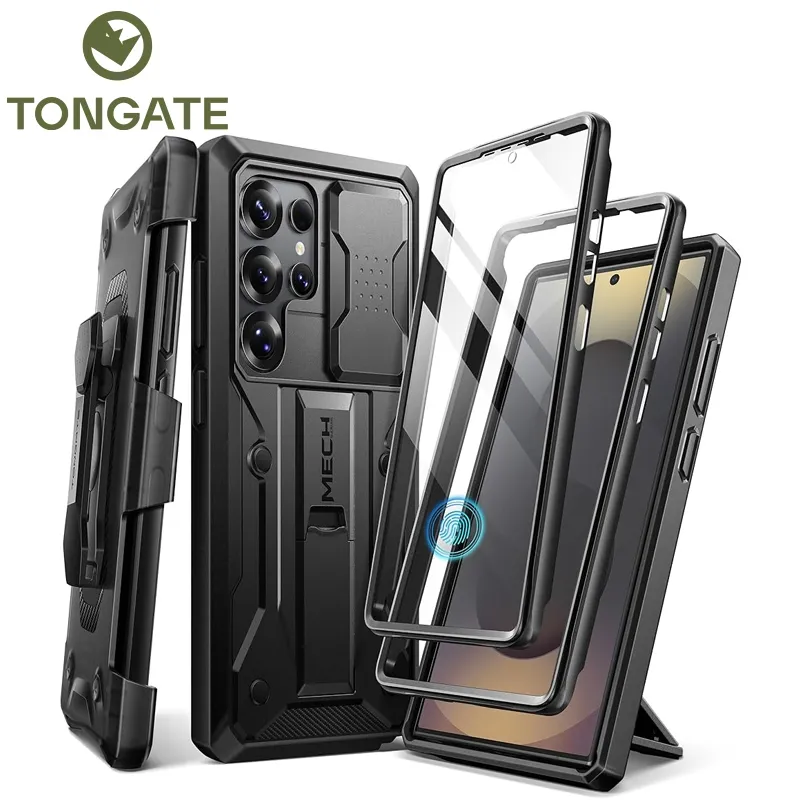 TONGATE untuk Casing Samsung Galaxy S25 Ultra [Penutup Kamera Geser & Pelindung Layar Terintegrasi] [2 Bingkai Depan] Casing Ponsel S25 Ultra Tahan Guncangan Berat dengan Penyangga & Klip Sabuk Hitam
