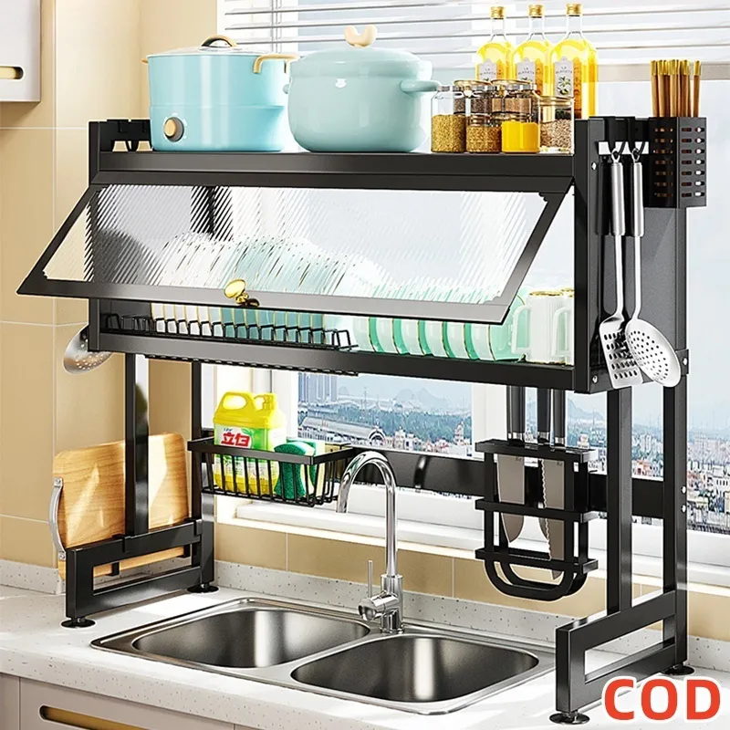 Rak Piring Wastafel Dapur Stainless Steel Multi-fungsi Dengan Penutup