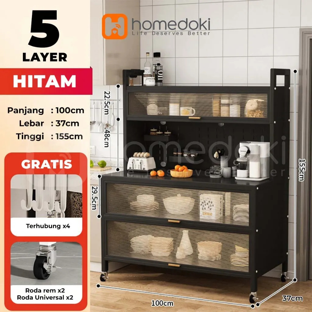 Homedoki Lemari Dapur Minimalis/Rak Dapur/Lemari Piring/Rak Dapur Serbaguna/Rak Penyimpanan Dapur/Rak Piring Oven Microwave