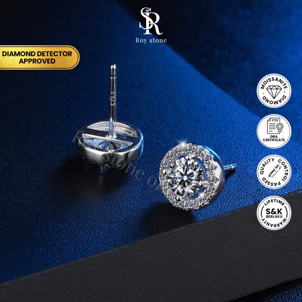 Roystone_Moissanite Anting Wanita Original Sertifikat GRA Silver925 Lapis Emas18K_Luxury Round