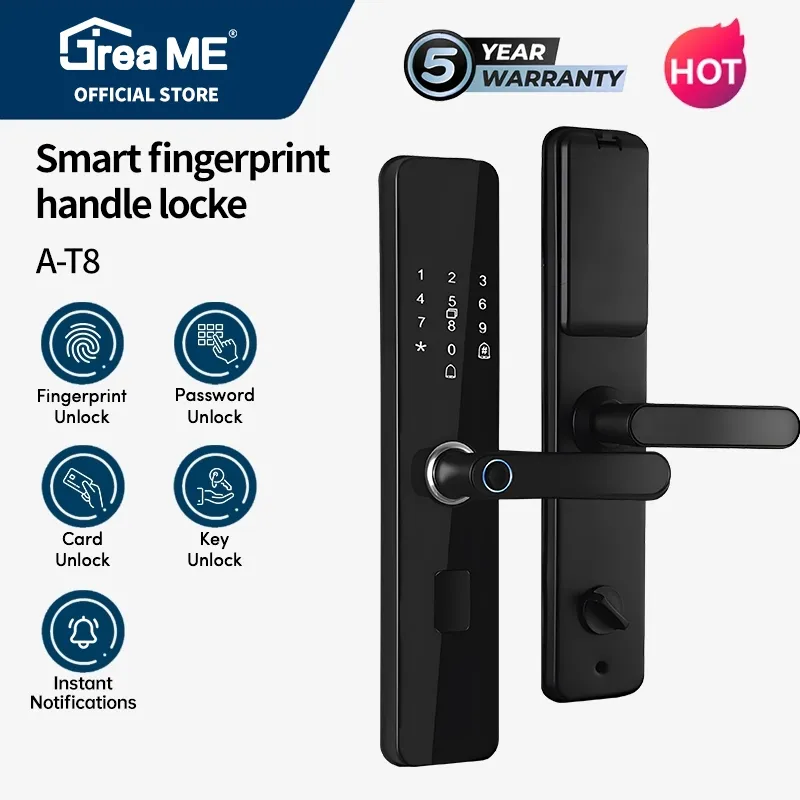 GreaME Smart Door Lock Kunci Pintu Rumah Minimalis Digital TUYA WIFI Sidik Jari T8 Kunci Pintu Kamar