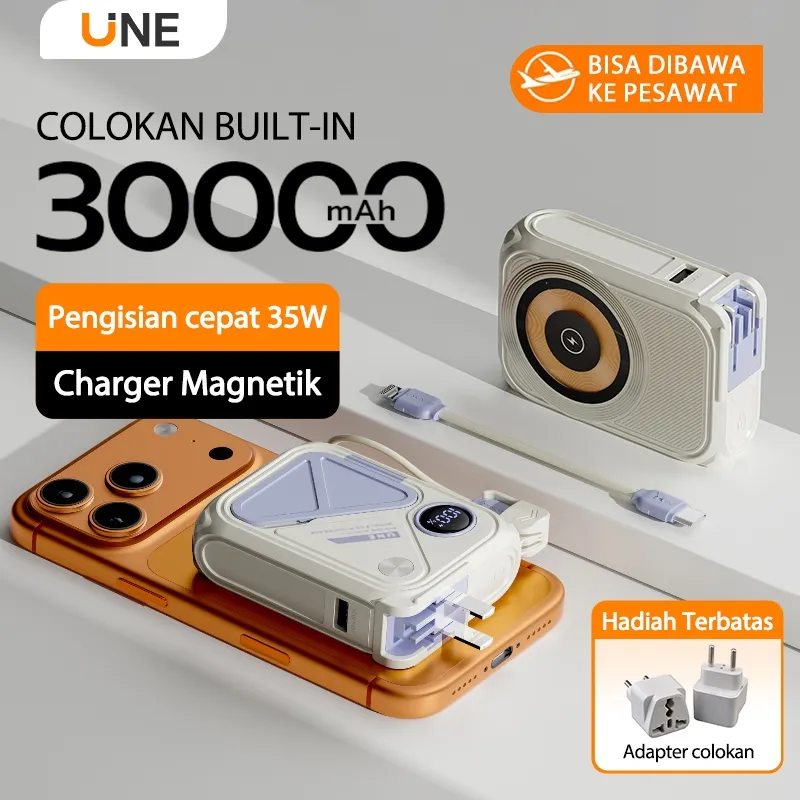 [Garansi 2 tahun] UNE 30000mAh Powerbank Wireless Magnetic Fast Charging PD35W Dengan Plug With Cable Type C & L line Charging For iPh/Android