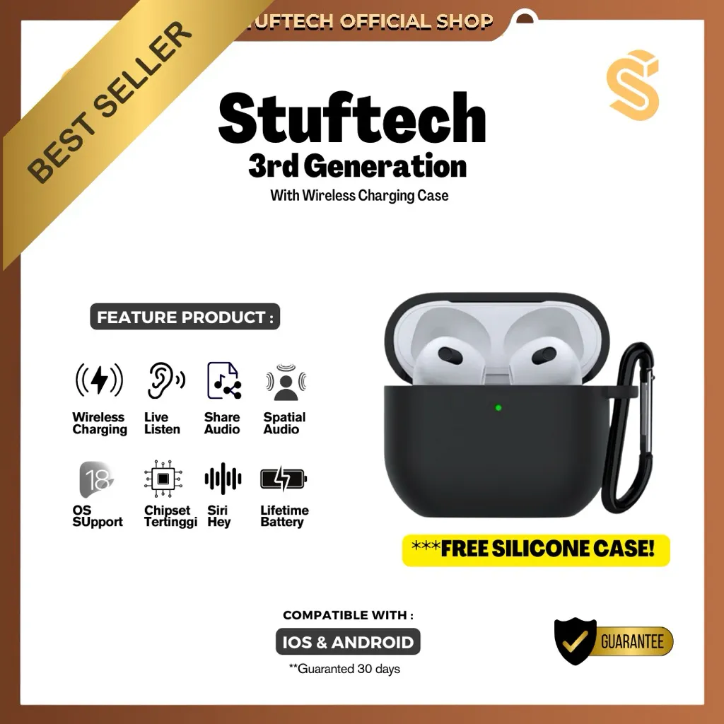 Stuftech Gen 3 | TWS Bluetooth Earpods Wireless Charging Spatial Audio IMEI Serial Number iOS Android Compatible Free Silicone Case Gen 3 Stuftech
