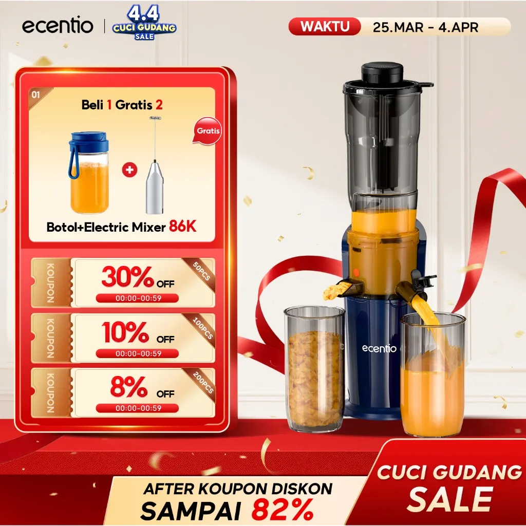ecentio Slow Juicer Low Watt Juicer Buah Tanpa Ampas 82mm Easy Juice Filter-Free Low Watt Easy Clean Tanpa Potong Buah Multifungsi Juicer Food Grade Aman Untuk MPASI 1 Tahun Garansi