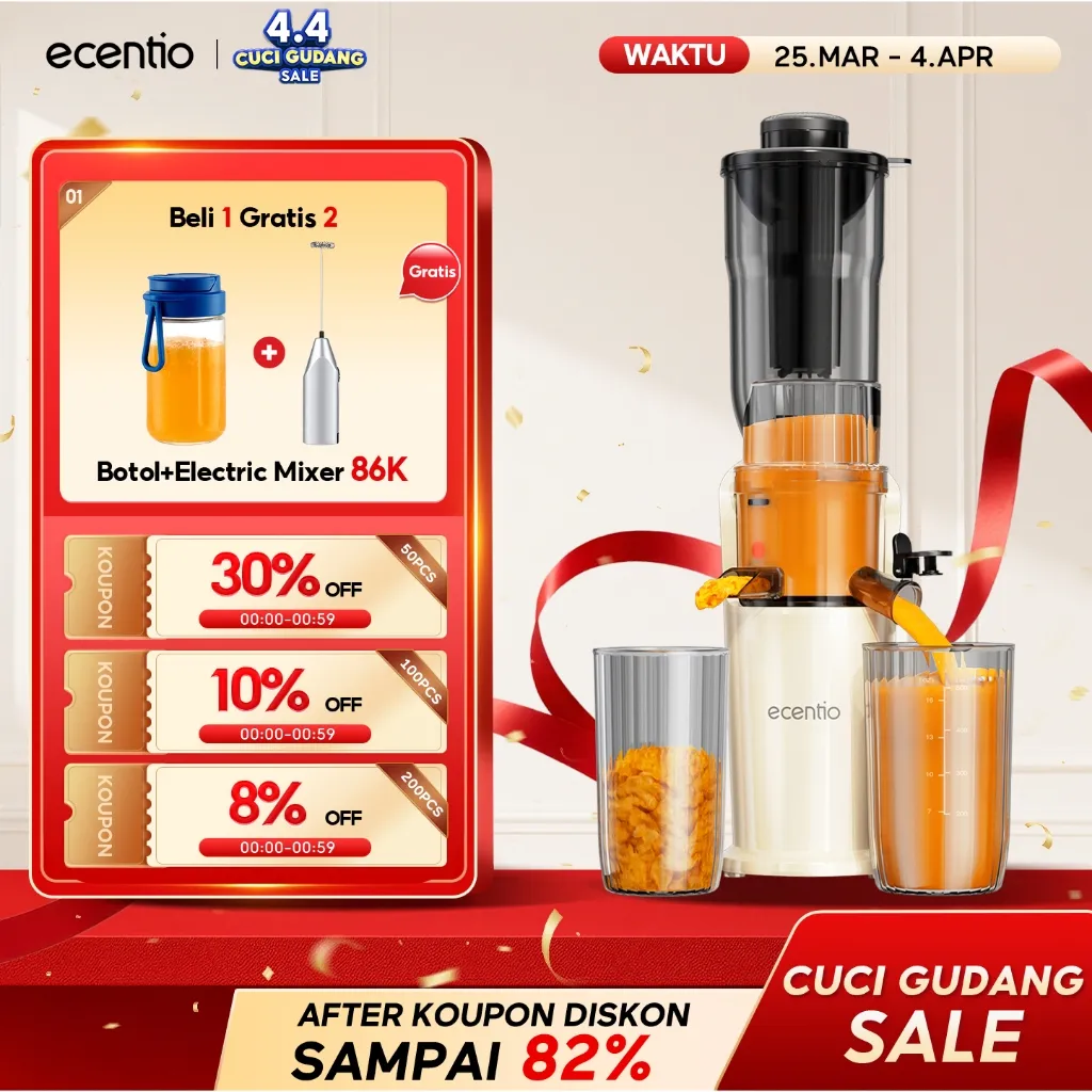 ecentio Slow Juicer Low Watt Cold Press Easy Juice Filter-Free Easy Clean 82mm Extra Big Mouth 150W Low Watt Tanpa Potong Buah Multifungsi Juicer Food Grade Aman Untuk MPASI 1 Tahun Garansi
