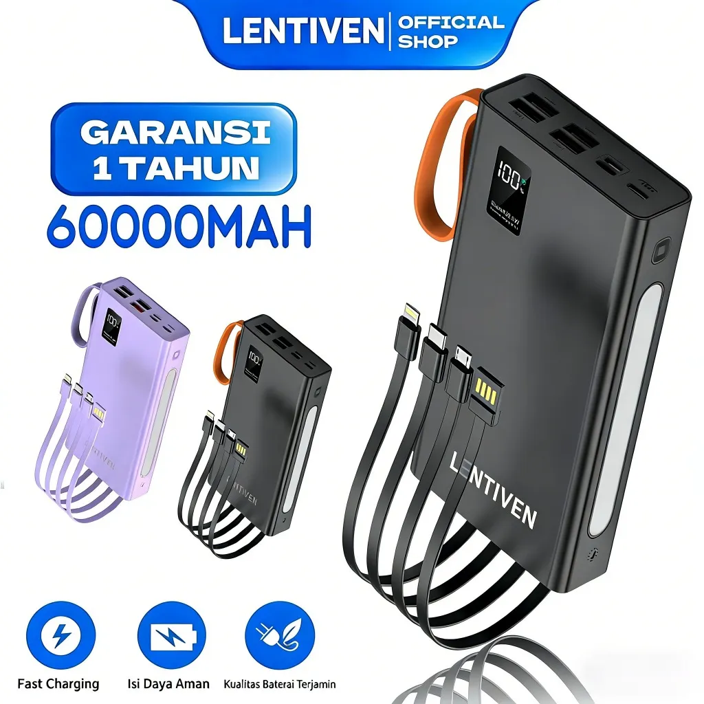 LENTIVEN PowerBank 60000mAh Fast Charging LCD with Kabel Data Type C Micro USB W66