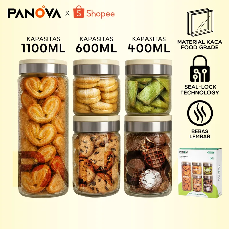 PANOVA Set Toples Kaca Floral 5pcs (1100/600/400ml) - Tempat Penyimpanan Makanan Kering, Tutup Kedap Udara, Anti Serangga, Untuk Kopi, Teh, Bumbu Dapur & Hadiah BKE51001