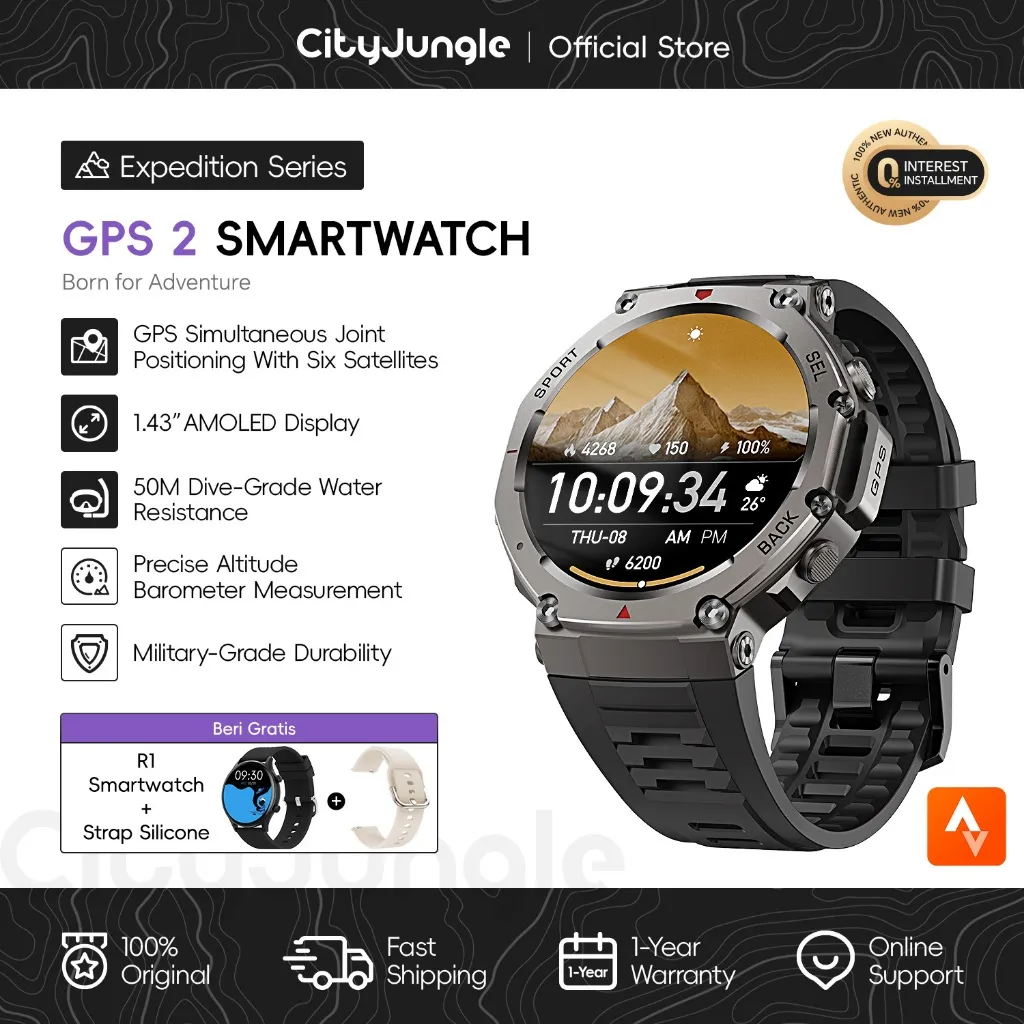 [Bonus Smartwatch R1 + Strap] Cityjungle Smartwatch GPS 2 AMOLED 1.43” GPS Akurat 5ATM Bisa Renang 170+ Mode Olahraga Kompas Altimeter Barometer Bluetooth Call