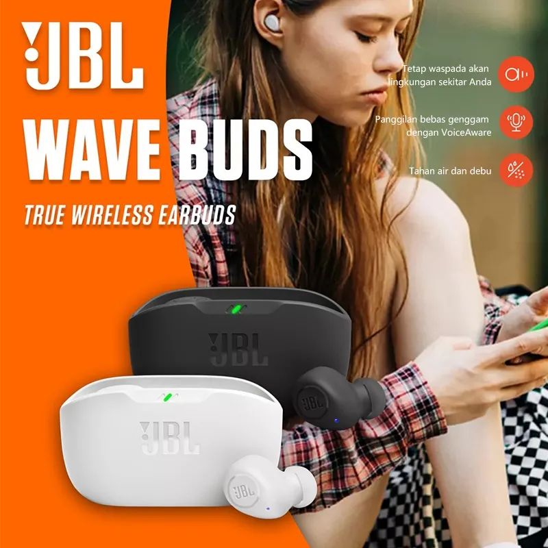Headset JBL Wave Buds In-Ear True Wireless Earbuds Menghadirkan Suara Yang Luar Biasa Bass Yang Dalam with Charging Case IP54 and IPX2 Waterproofing 32-Hour Battery Life With Microphone For Android & IOS Earphone Gaming