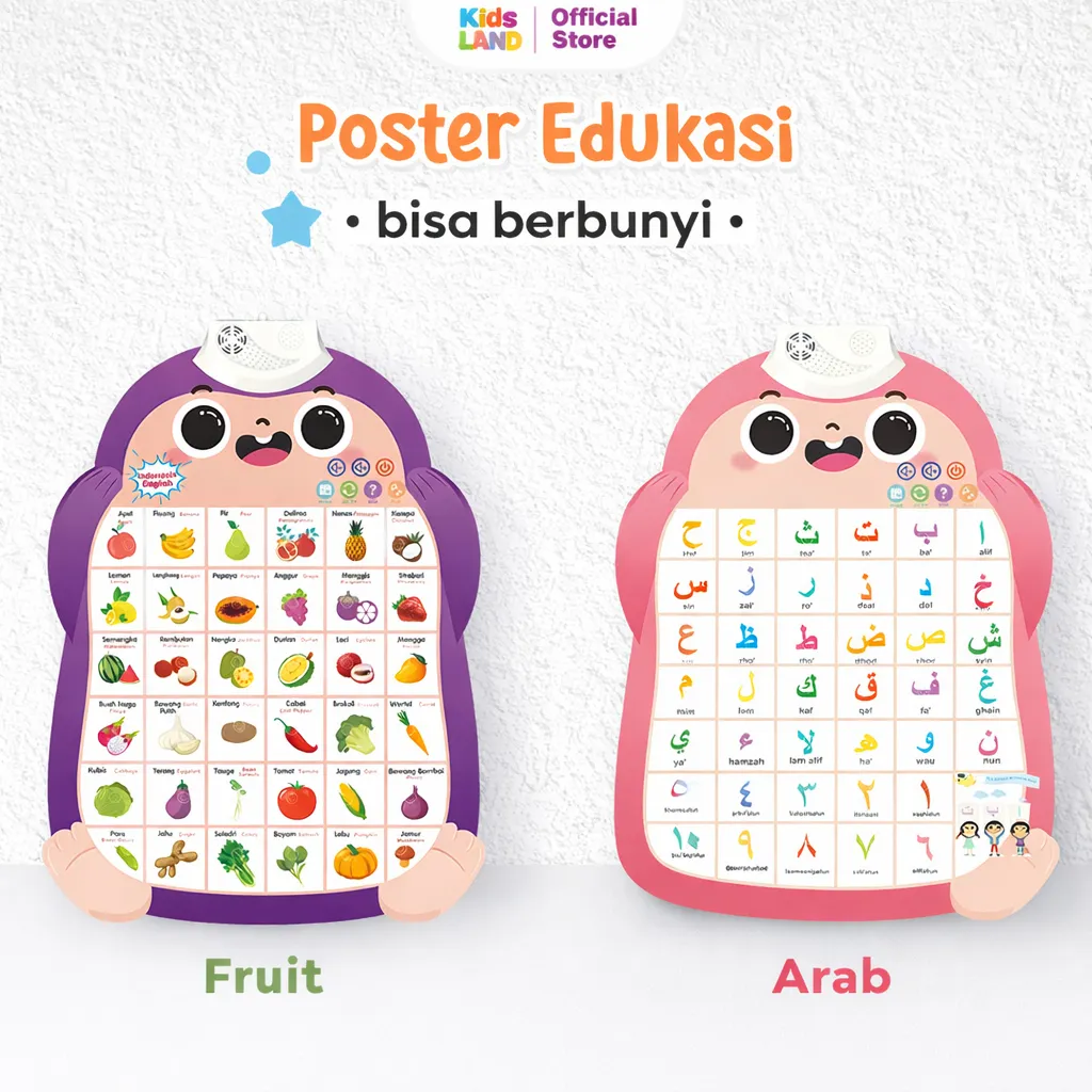 Poster Edukasi Anak Berbunyi Belajar Huruf Angka Hewan Buah-Buahan
