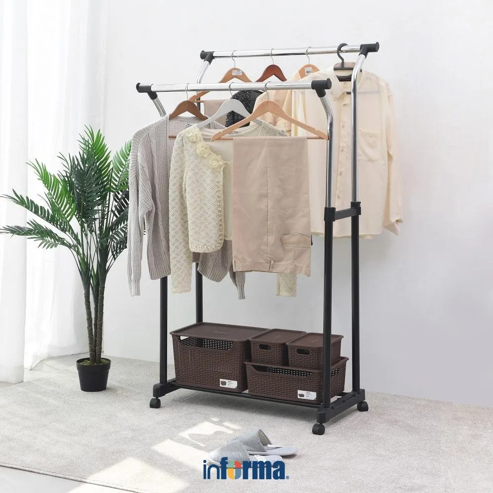 Informa 85.5x57.5x174 cm Gantungan Pakaian Double - Hitam Stand Hanger Gantungan Baju Berdiri Clothes Organizer Standing Clothing Rack Rak Baju Gantung Tiang Baju Jemuran Pakaian Rak Pakaian Gantung