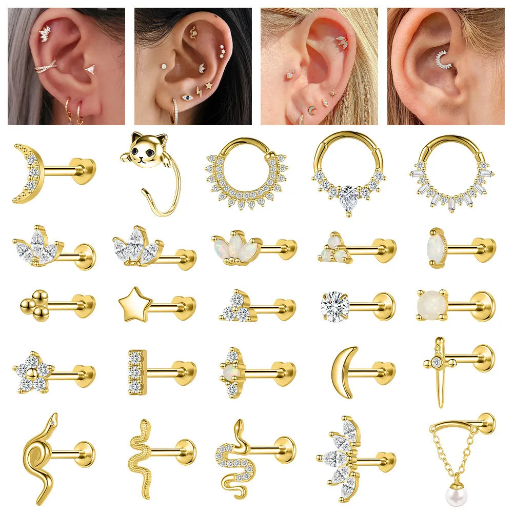1 PC 925 Silver Daith Piercing Gold Color Ear Stud Opal Hoop Earring 16G Cubic Zircon Labret Piercing Star Conch Tragus Stud Earring