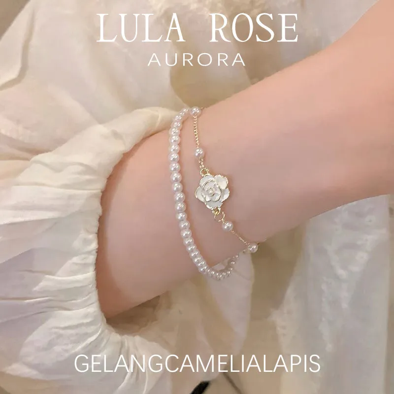 LULA ROSE Gelang Tangan Wanita Motif Mawar & Mutiara, Model Dua Rantai Elegan, Warna Emas