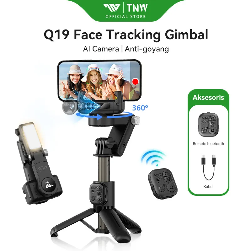 TNW Q19 AI Gimbal Stabilizer Auto Face Tracking Stabilizer Bluetooth Remote Control Tongsis Tripod